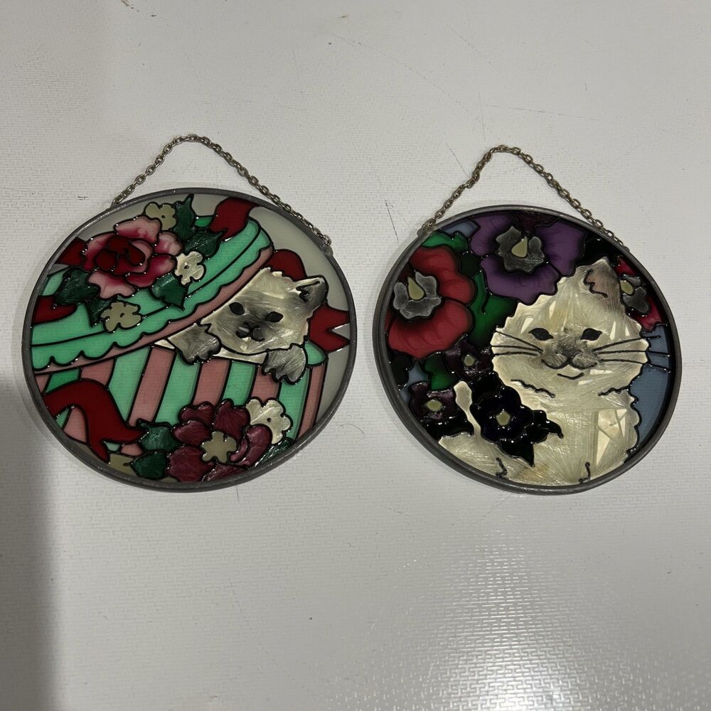 2 Vintage Cat Window Sun Catcher Christmas Tree Ornament Metal Stained Glass